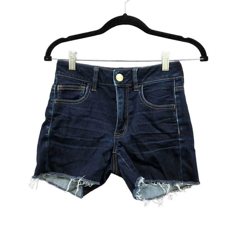American Eagle Hi-Rise‎ Shortie Denim Shorts Womens 2 Blue Dark Wash Cutoff